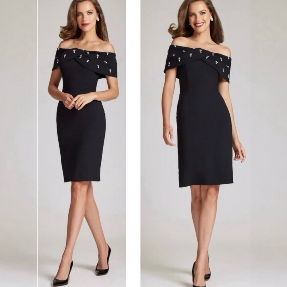 ***SOLD**Rickie Freeman Teri Jon Off-Shoulder Jewel-Embellished Crepe Midi Dress